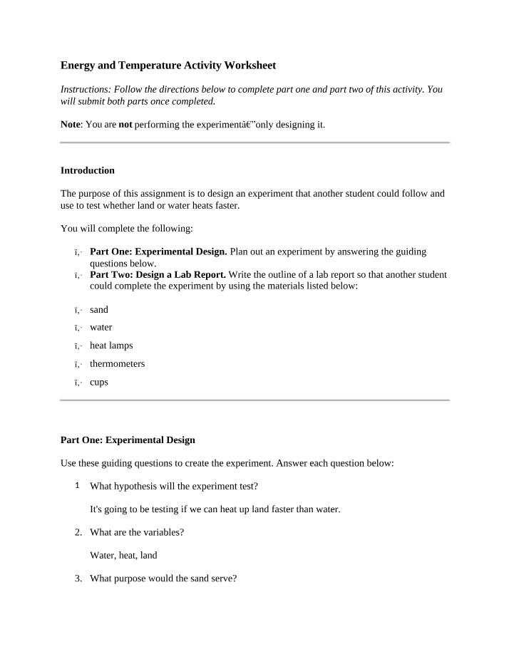 Worksheet - Energy and Temperature Activity