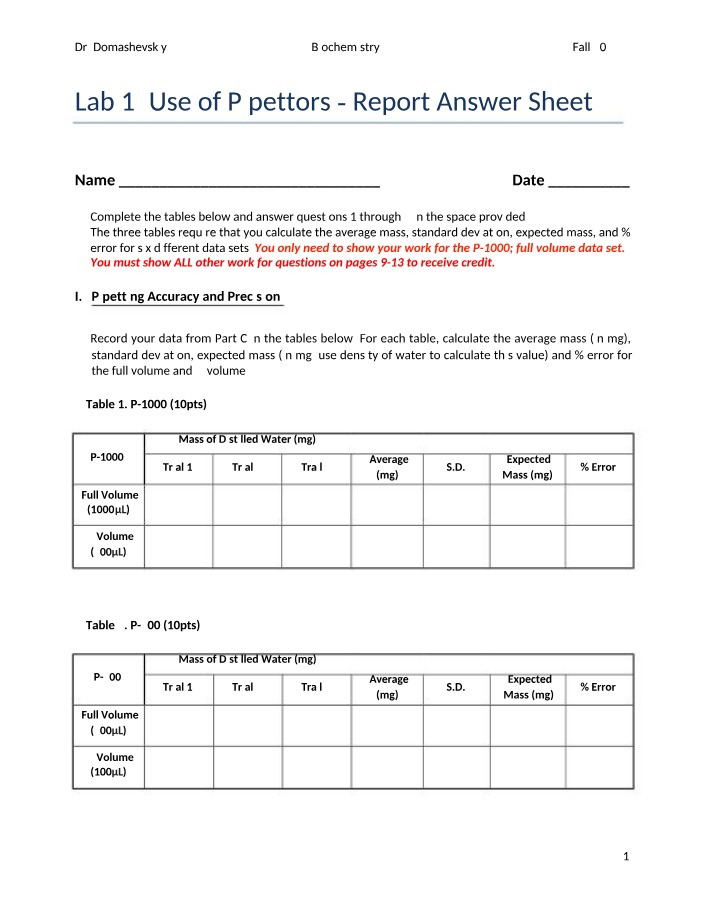 Lab 1 - Pipettor Use and Accuracy-Precision Calculation