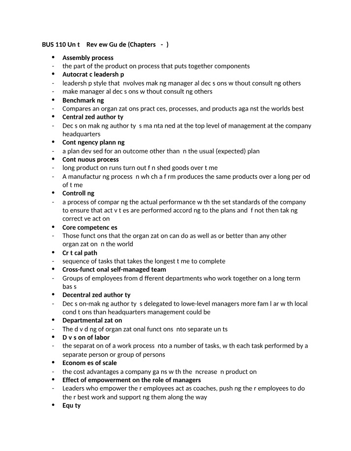 Unit 3 Review Guide for BUS 110