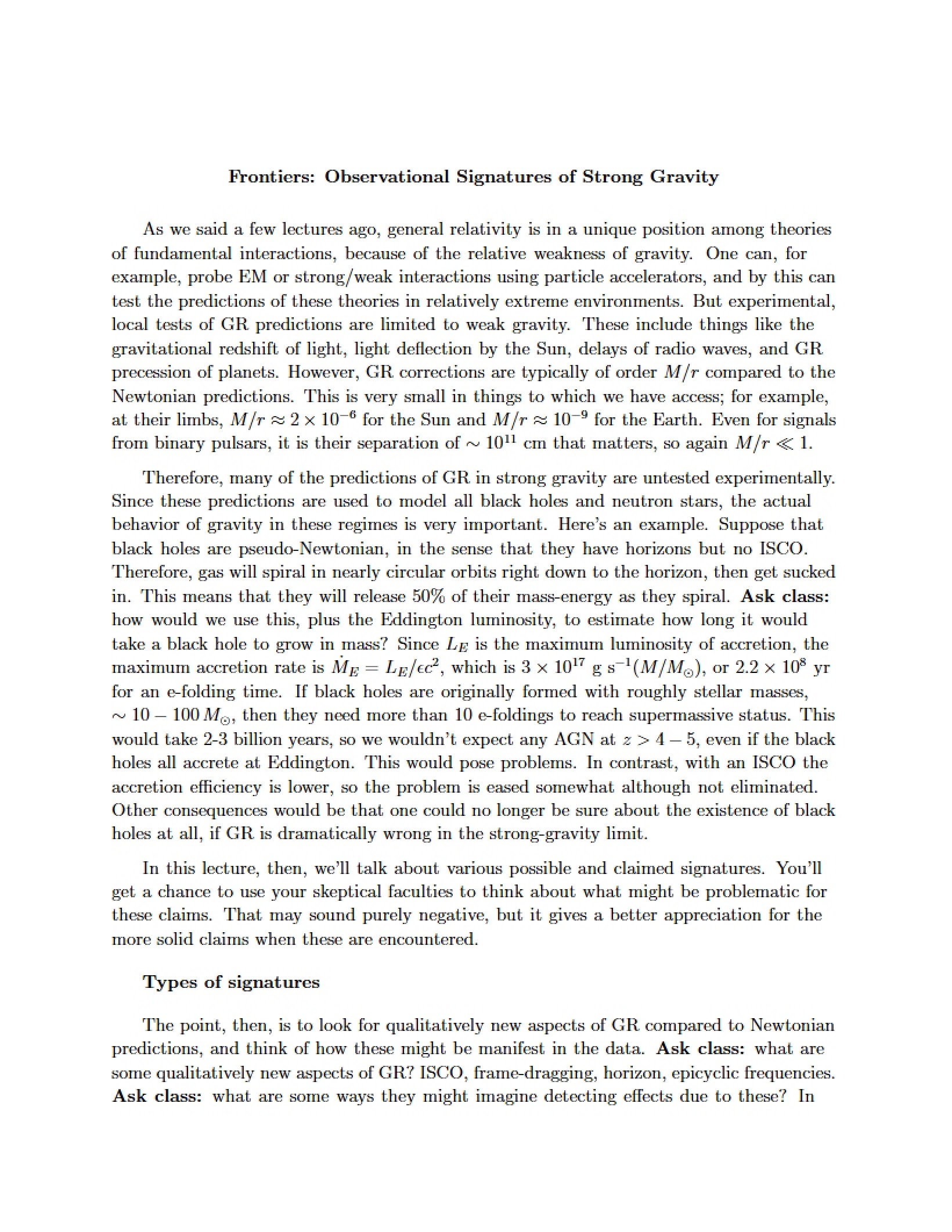 Strong Gravity Observational Signatures Frontiers