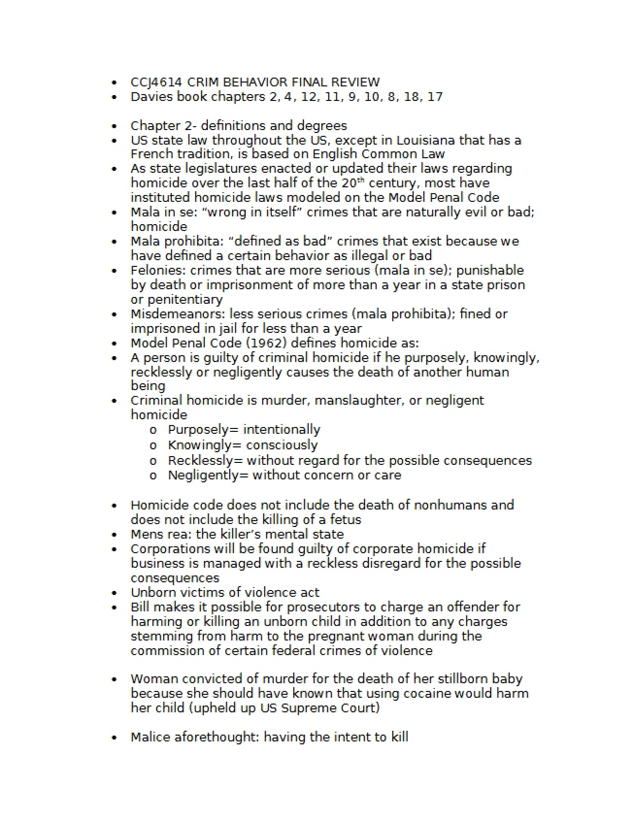 Final Review for Criminal Behavior Psychology