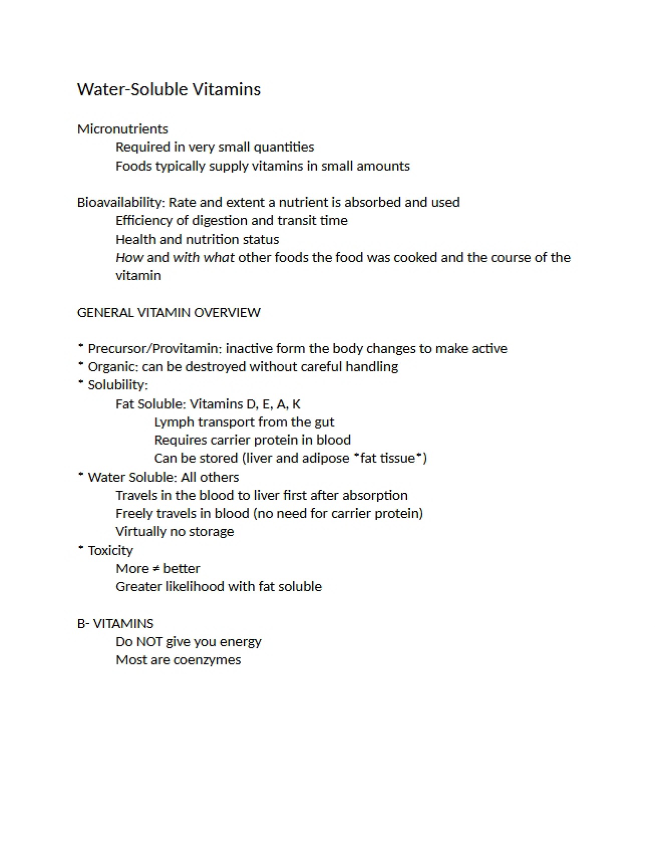 Notes on Water Soluble Vitamins