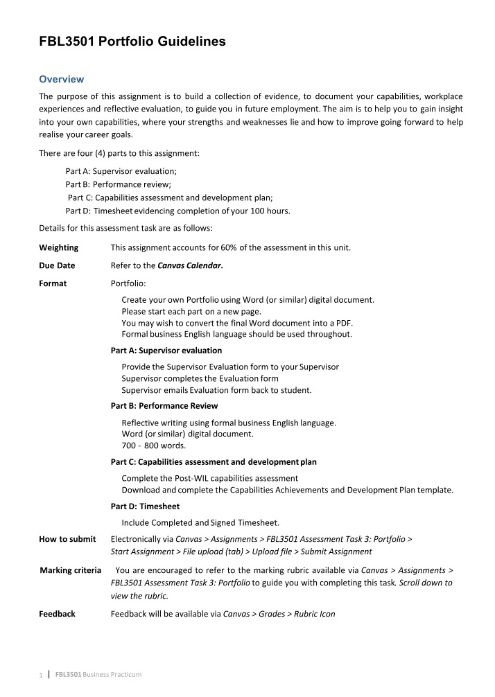 Portfolio Guidelines for FBL3501