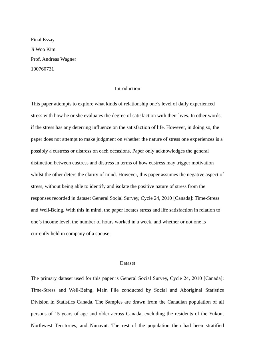 Stress and Life Satisfaction - Final Essay