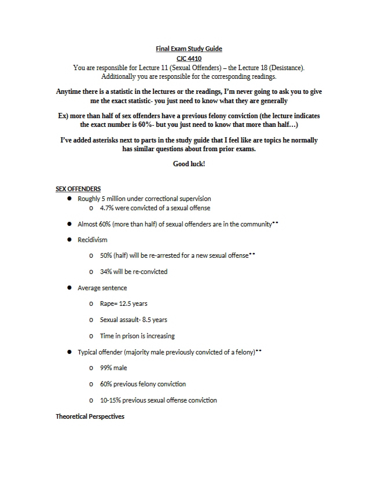 Final Examination for Theories of Offender Treatment