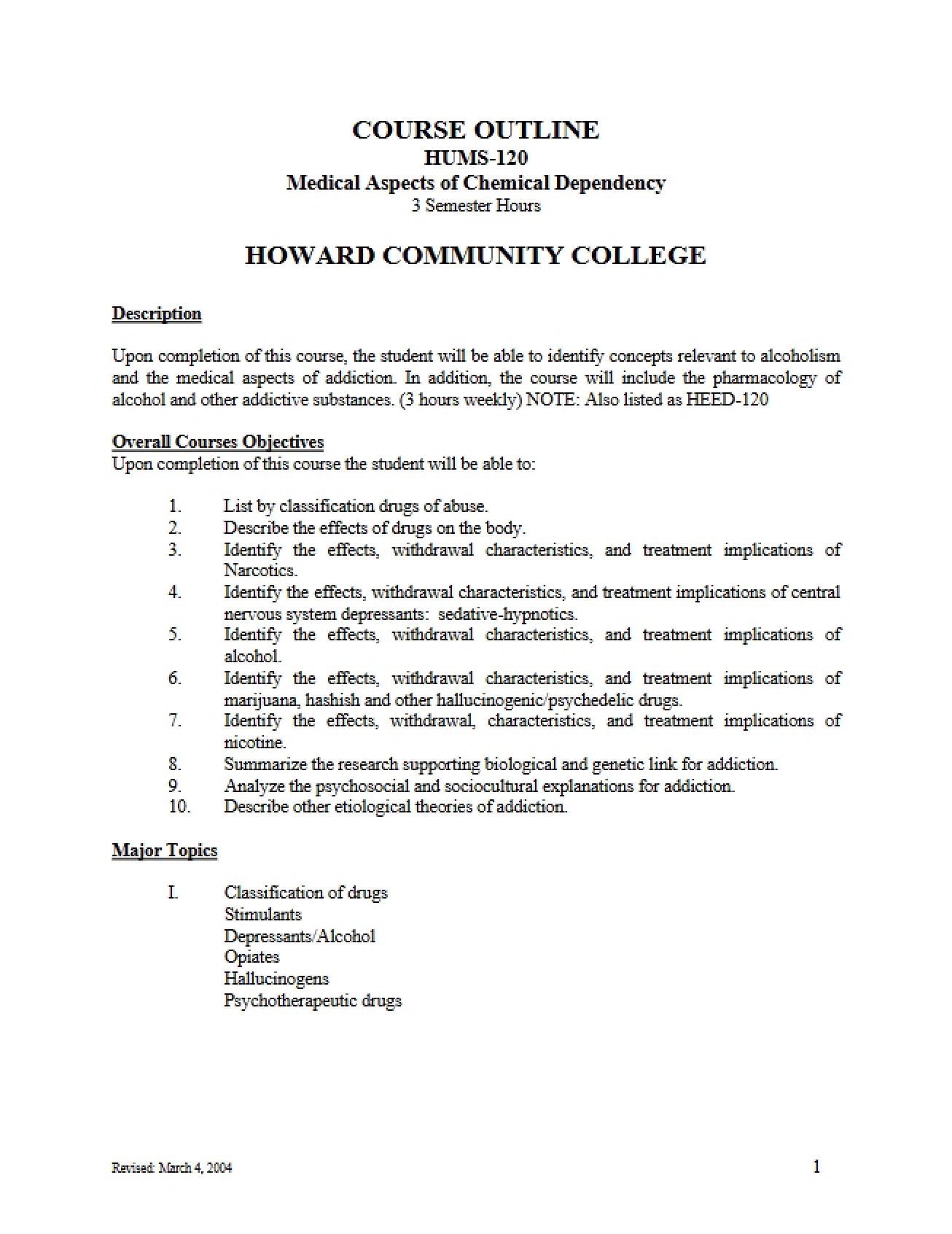 Outline of Course HUMS-120
