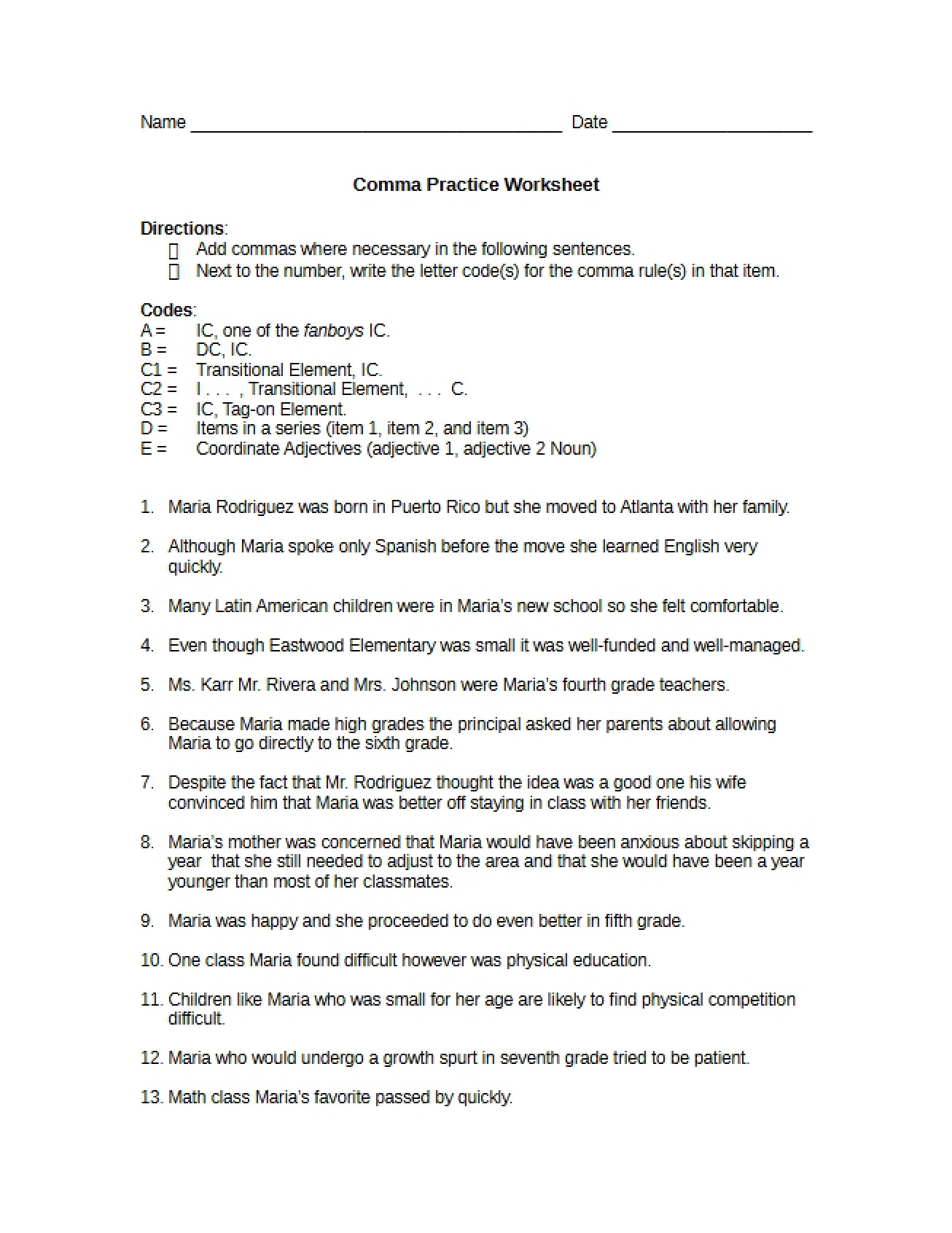Worksheet for Comma Practice