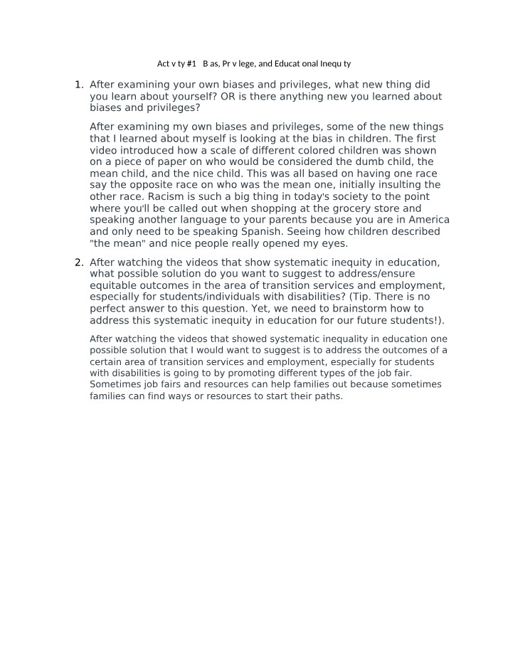 Activity 12 - Educational Inequity, Bias, and Privilege