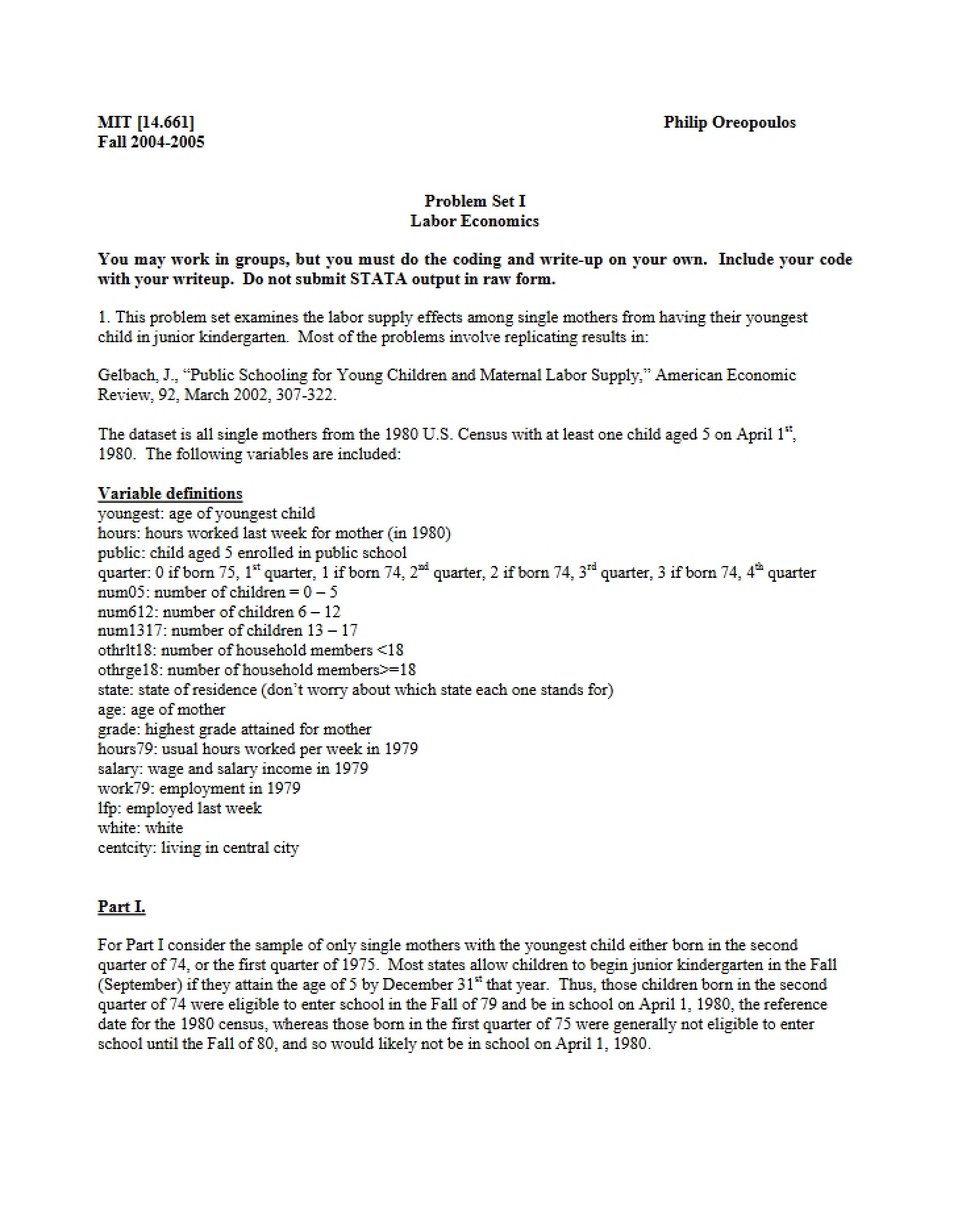 Labor Economics Problem Set 1