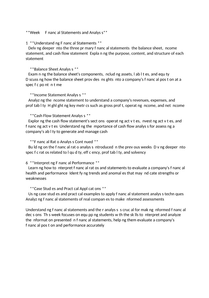 Week 3 Notes - Financial Statements and Analysis