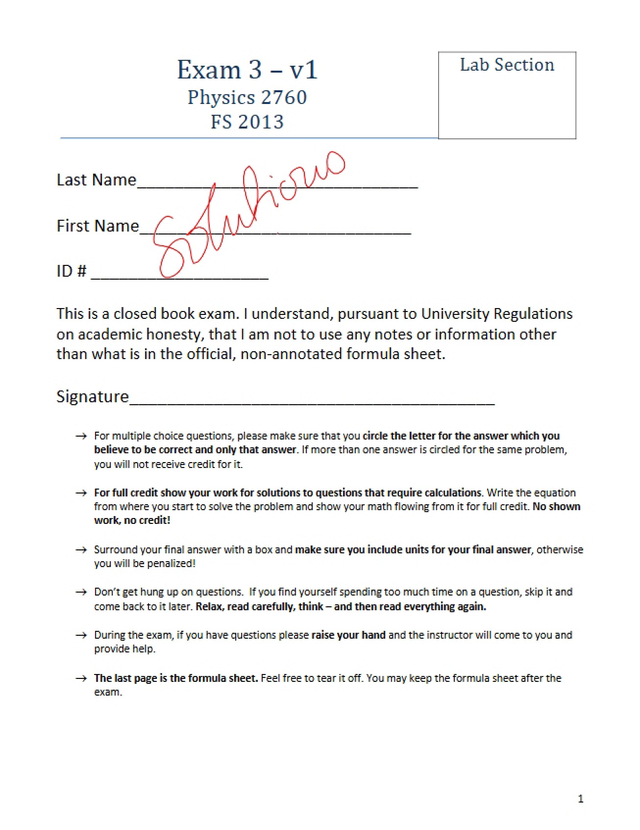 Version 1 Solutions Fall 2013 Exam 03
