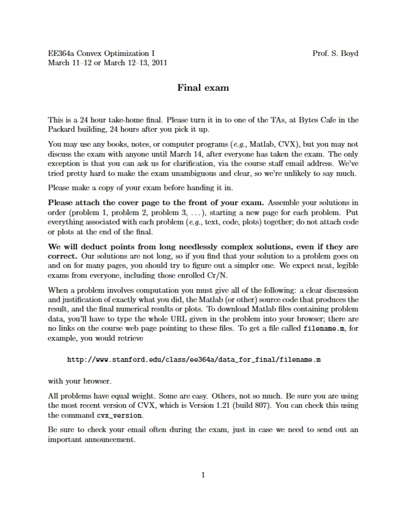 Final Exam for a Convex Optimization I Course