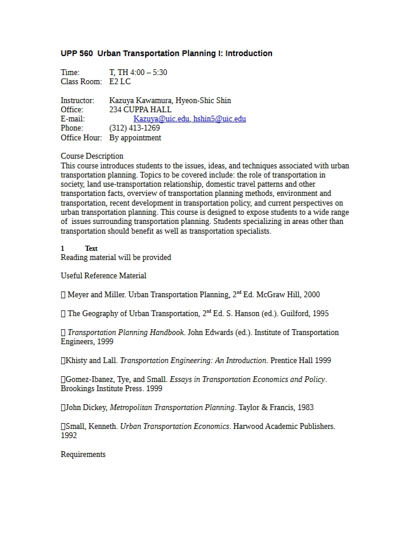 Introduction to Urban Transportation Planning I