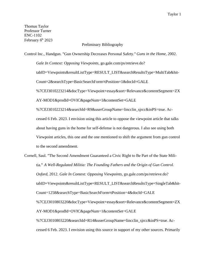 Second Amendment and Gun Control - Preliminary Bibliography