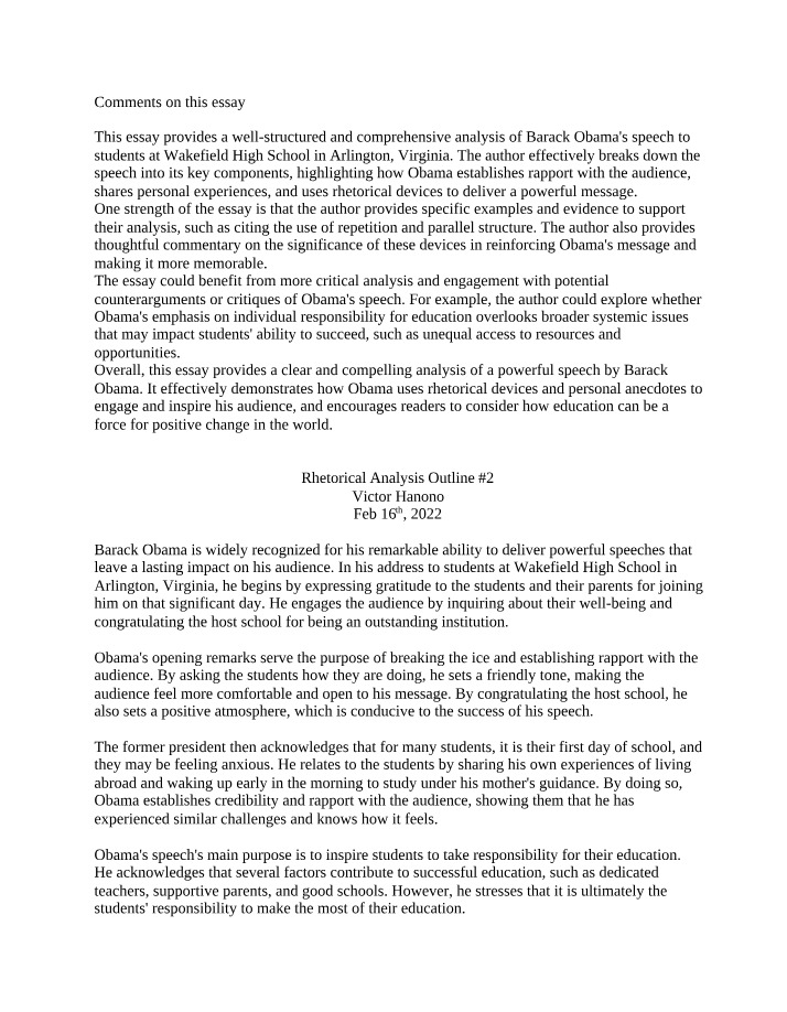 Rhetorical Analysis - Barack Obama's Wakefield High Speech