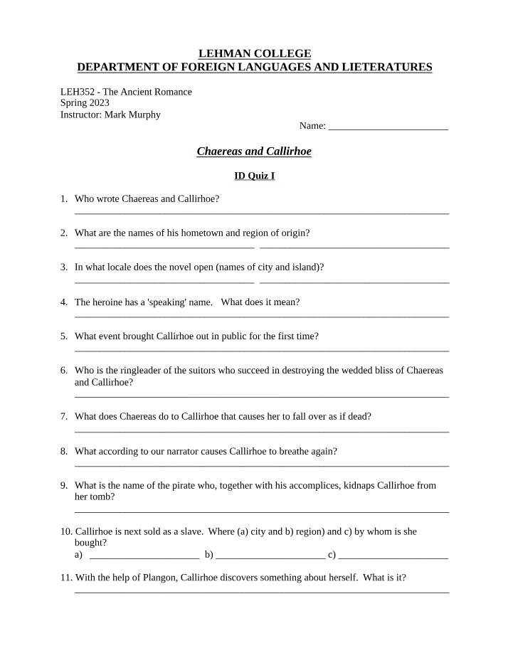 Quiz I on Chaereas and Callirhoe Ancient Romance