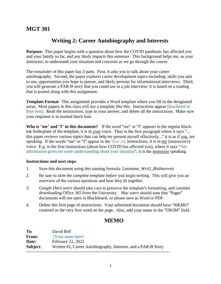 Writing 2 - Instructions for Career Autobiography and Interests