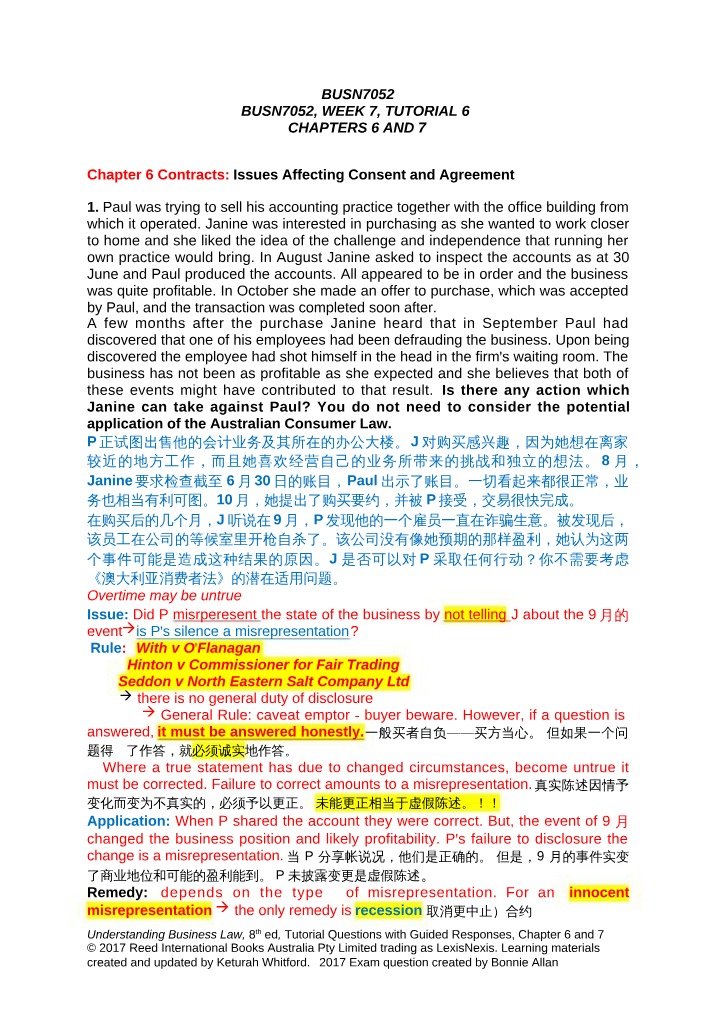 Business Law - Week 7 Tutorial 6 (Chapters 6 and 7)