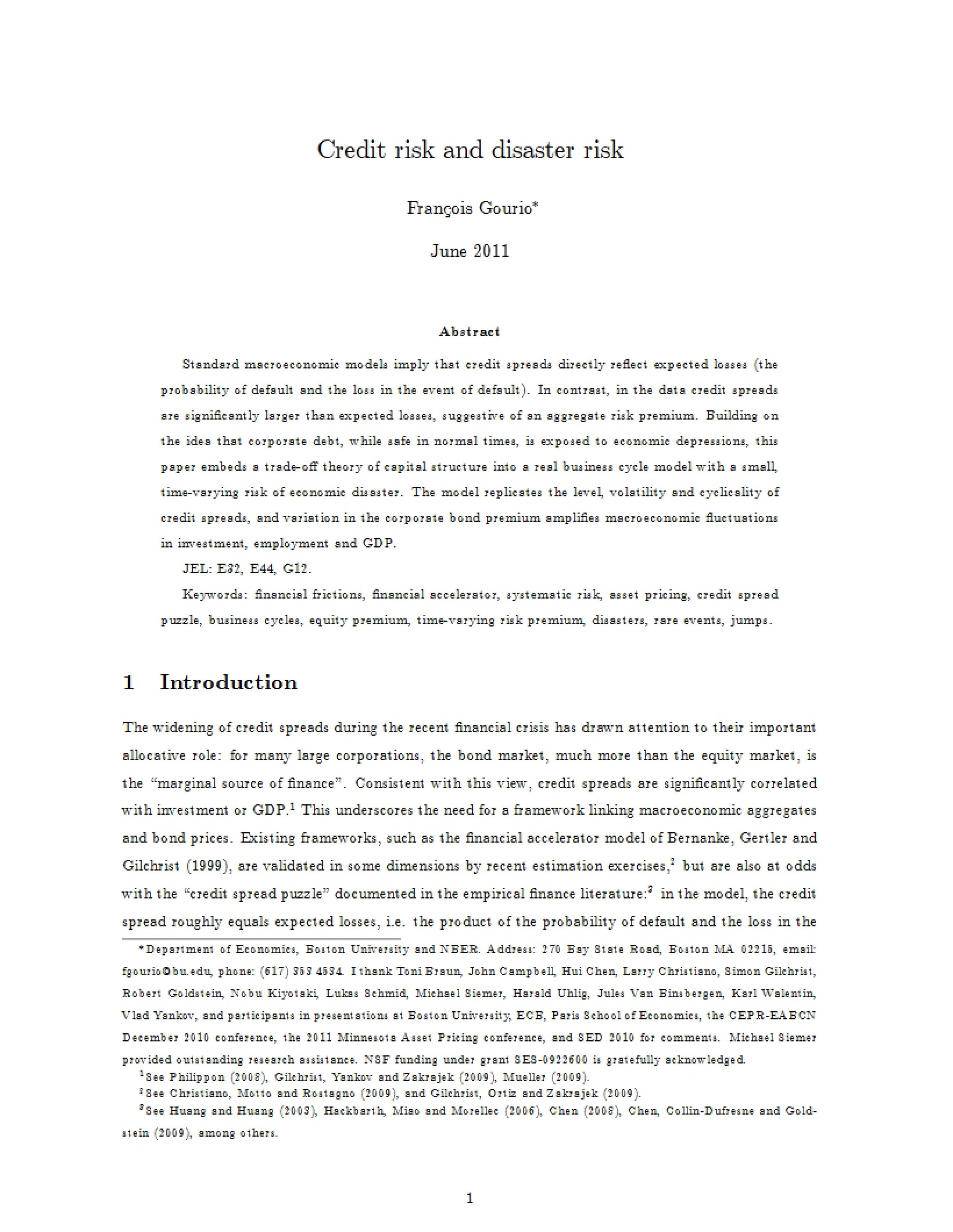 Disaster Risk vs Credit Risk (Gourio 2011)