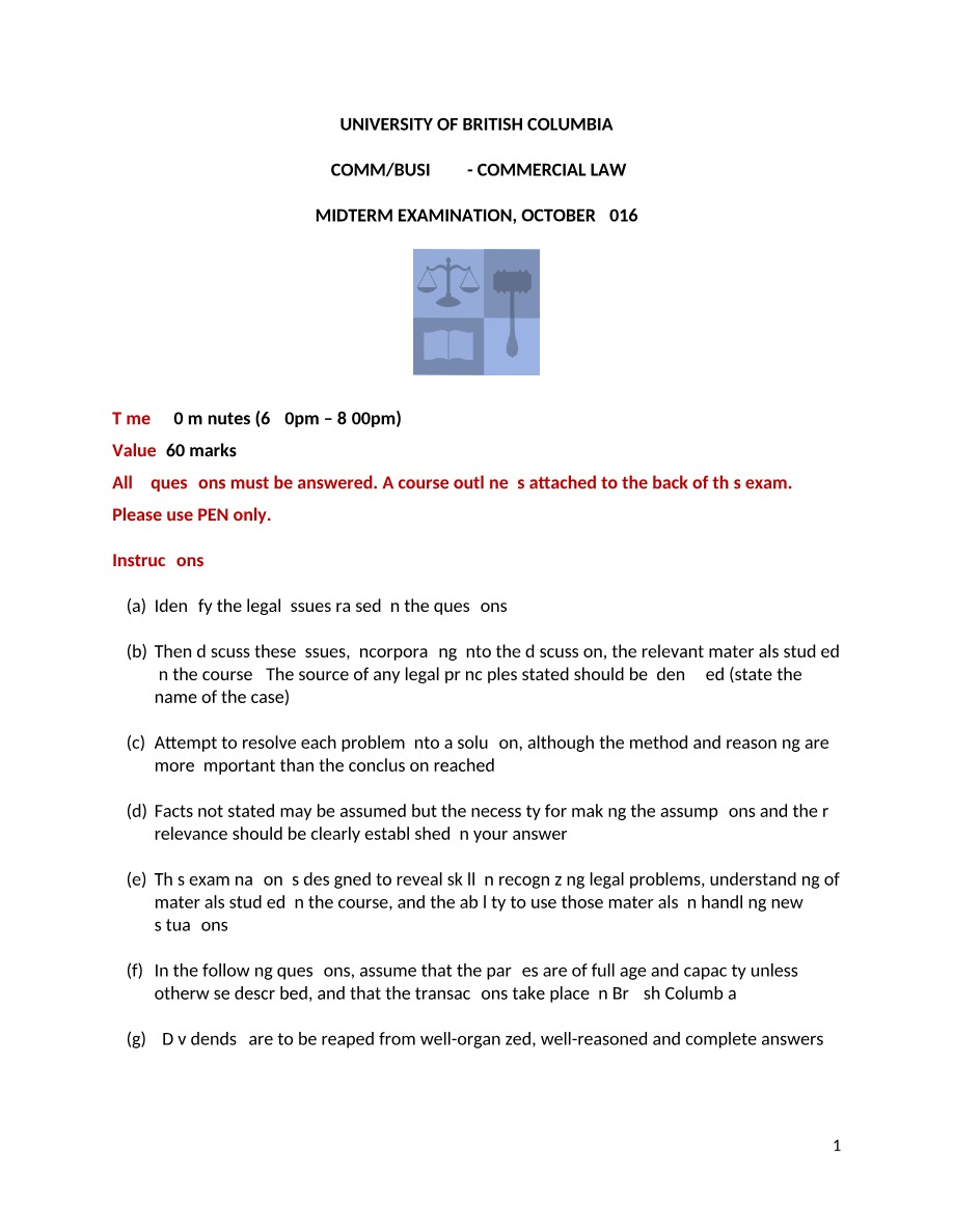 Midterm Examination - October 2016 (COMM-BUSI 393)