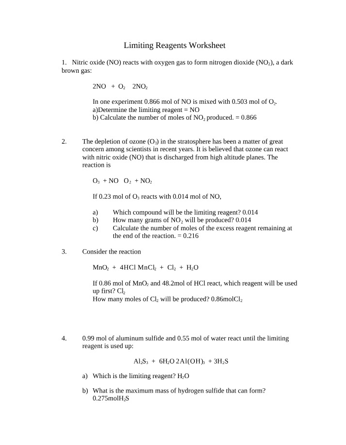Worksheet - Limiting Reagents