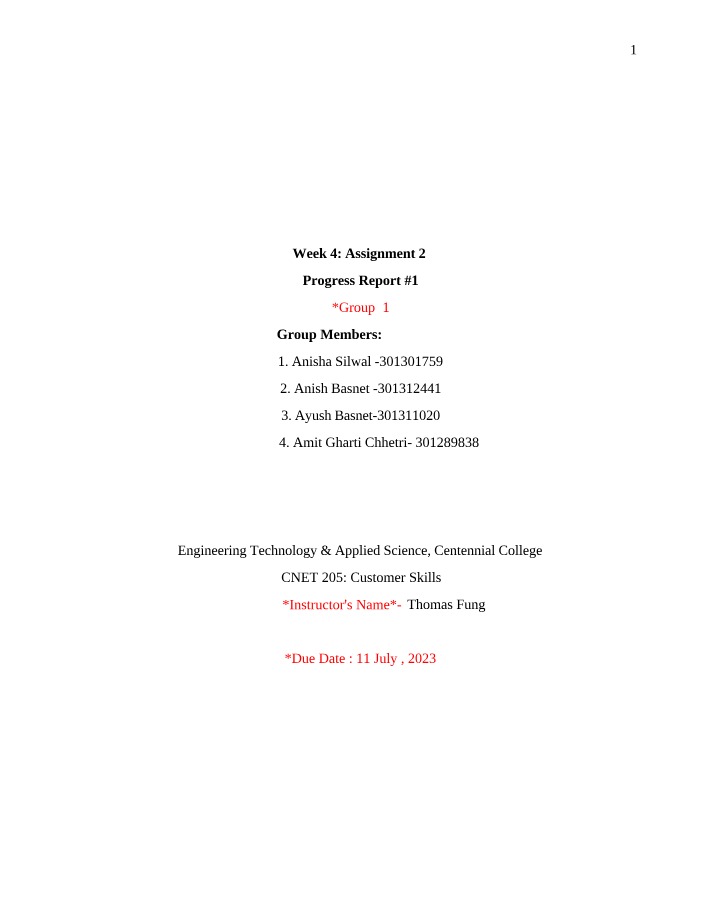 CNET205 - Week 4 Assignment 2 - Progress Report 1