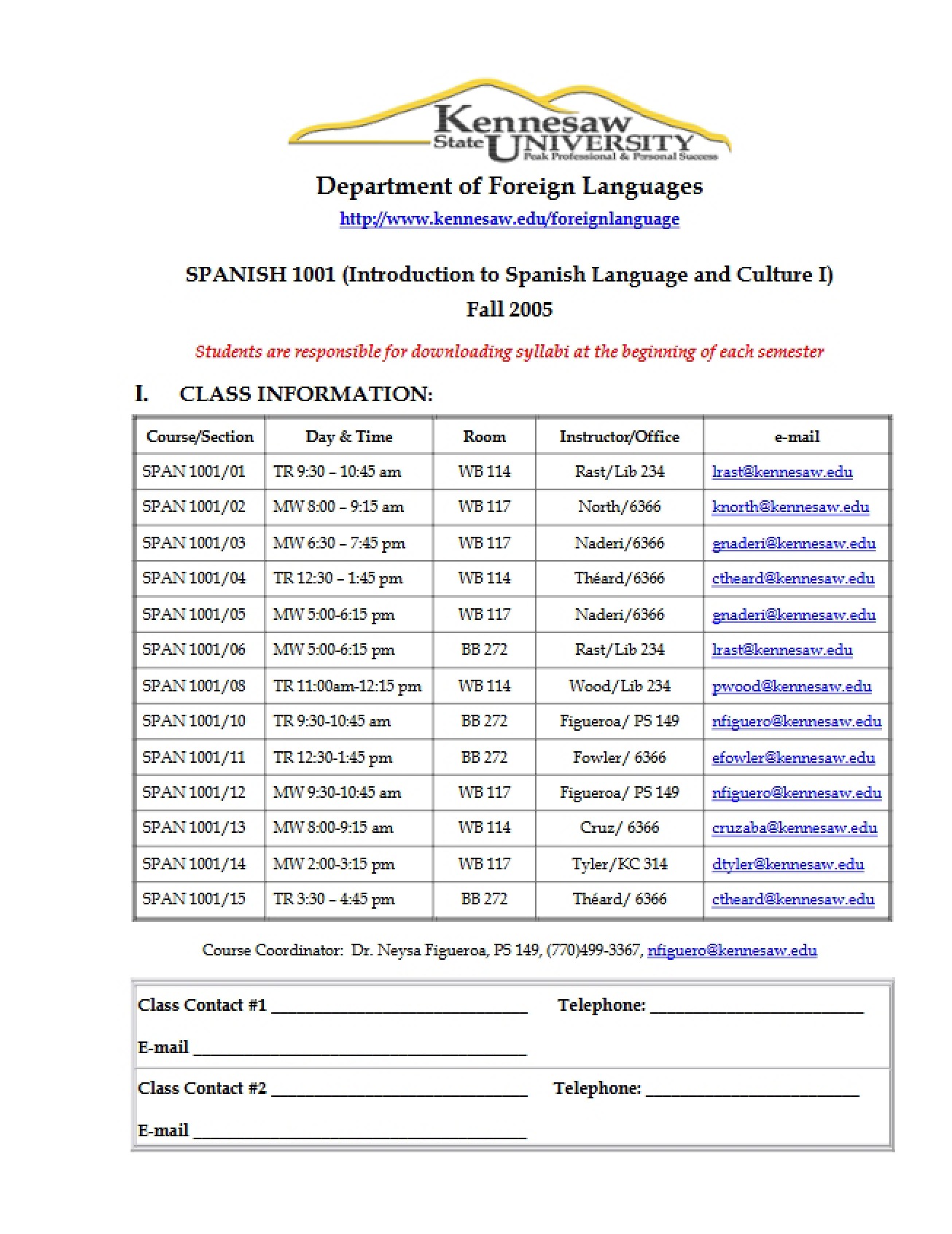 Class Outline for Introductory Spanish I