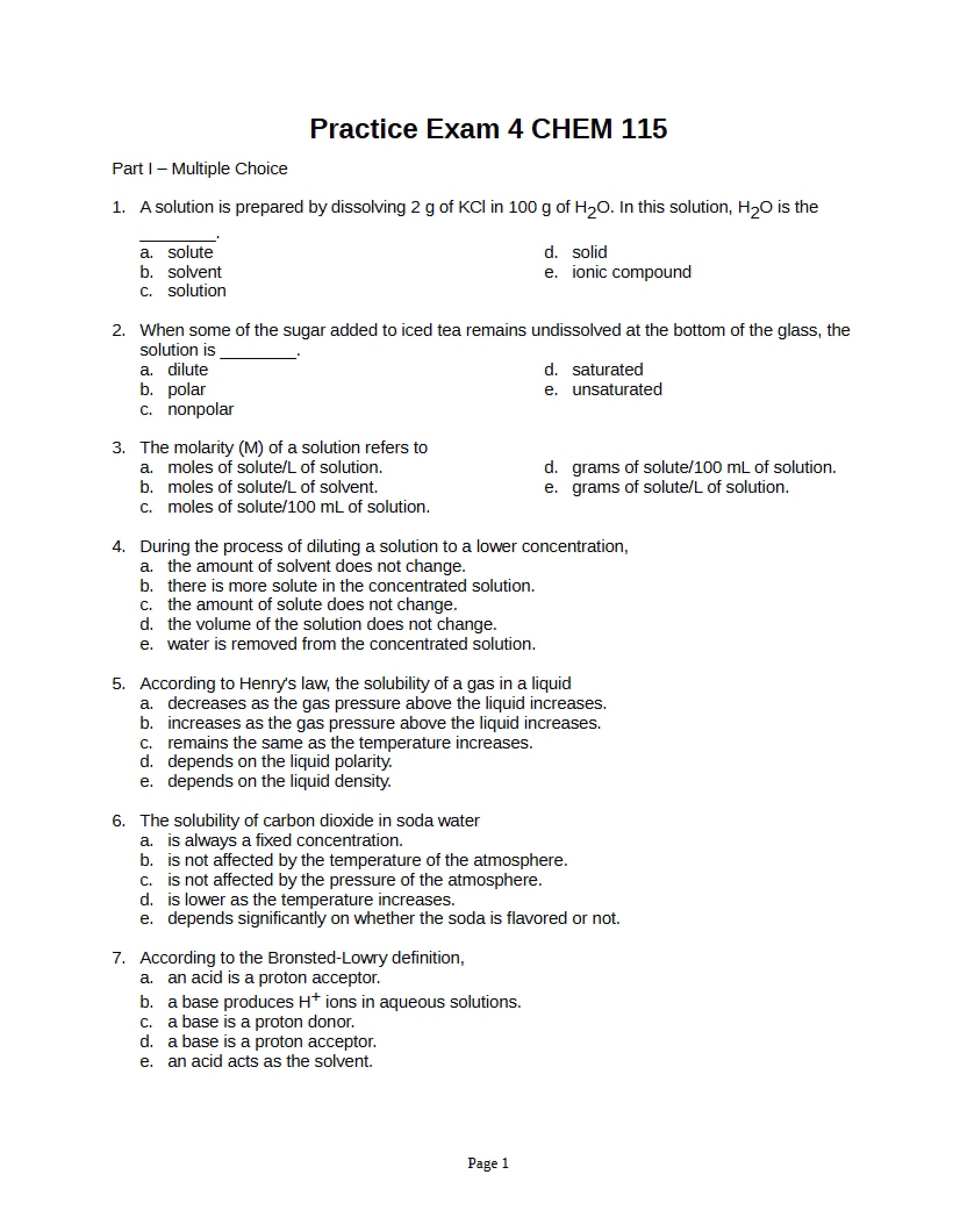 CHEM 115 Practice Exam 4