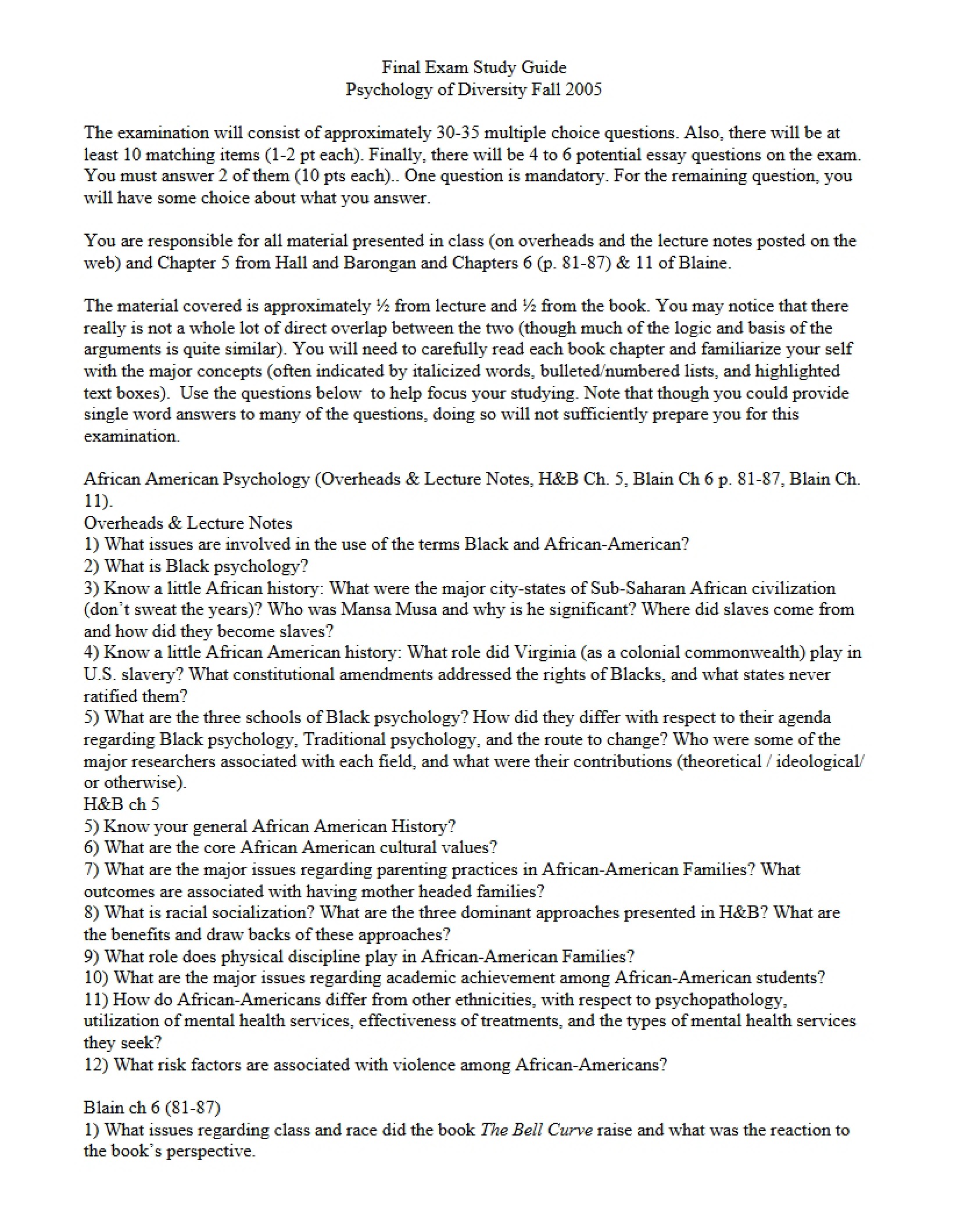 Study Guide for Final Exam - PSYC 250