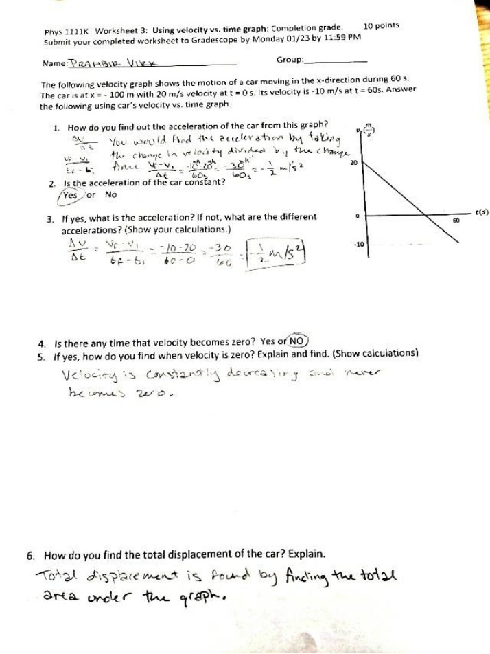 Worksheet 3 - Velocity vs Time Graphs