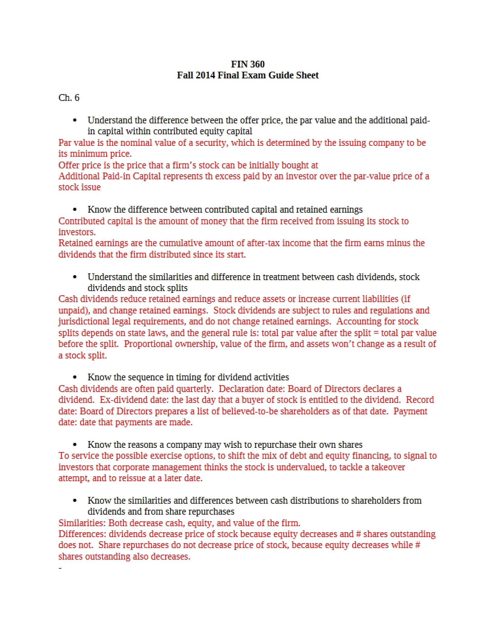 Guide Sheet for Final Exam