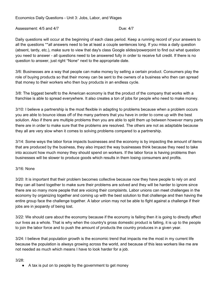 Unit 3 Jobs, Labor, and Wages - Daily Questions