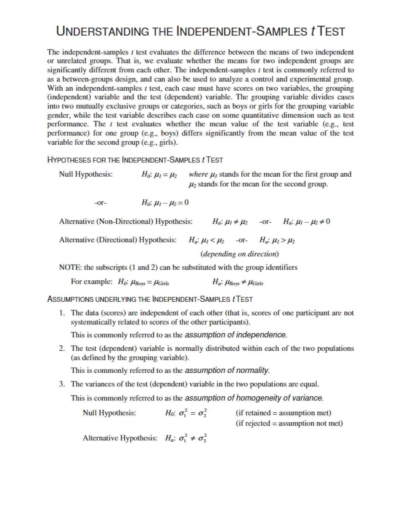 Independent t-Test Comprehension