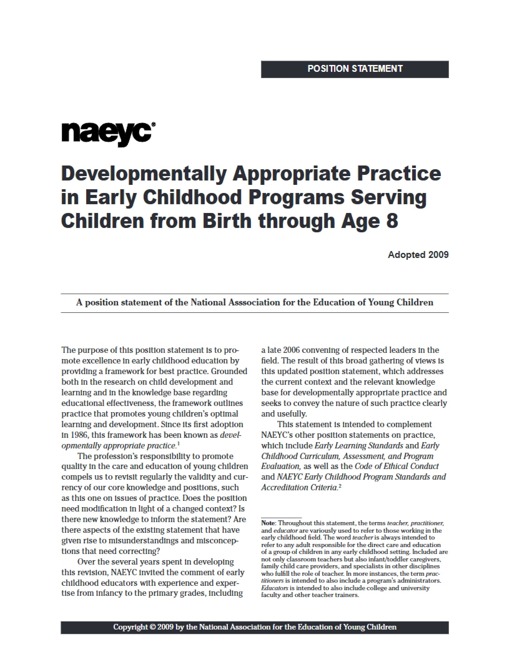 Early Childhood Programs Developmentally Appropriate Practice