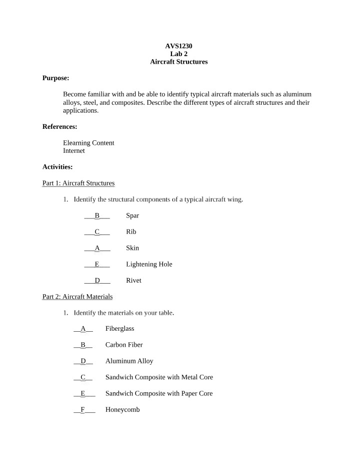 Lab 2 - AVS1230 Aircraft Structures
