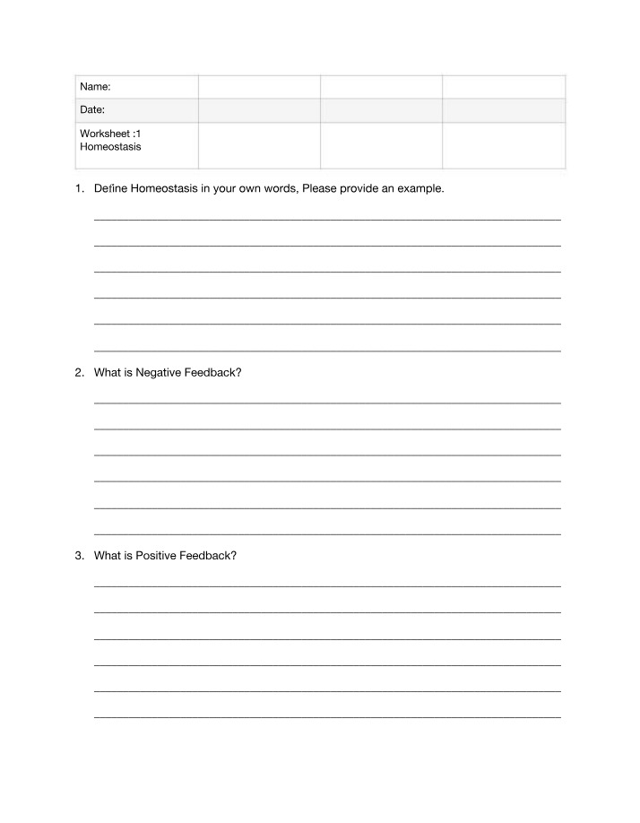 Worksheet on Homeostasis