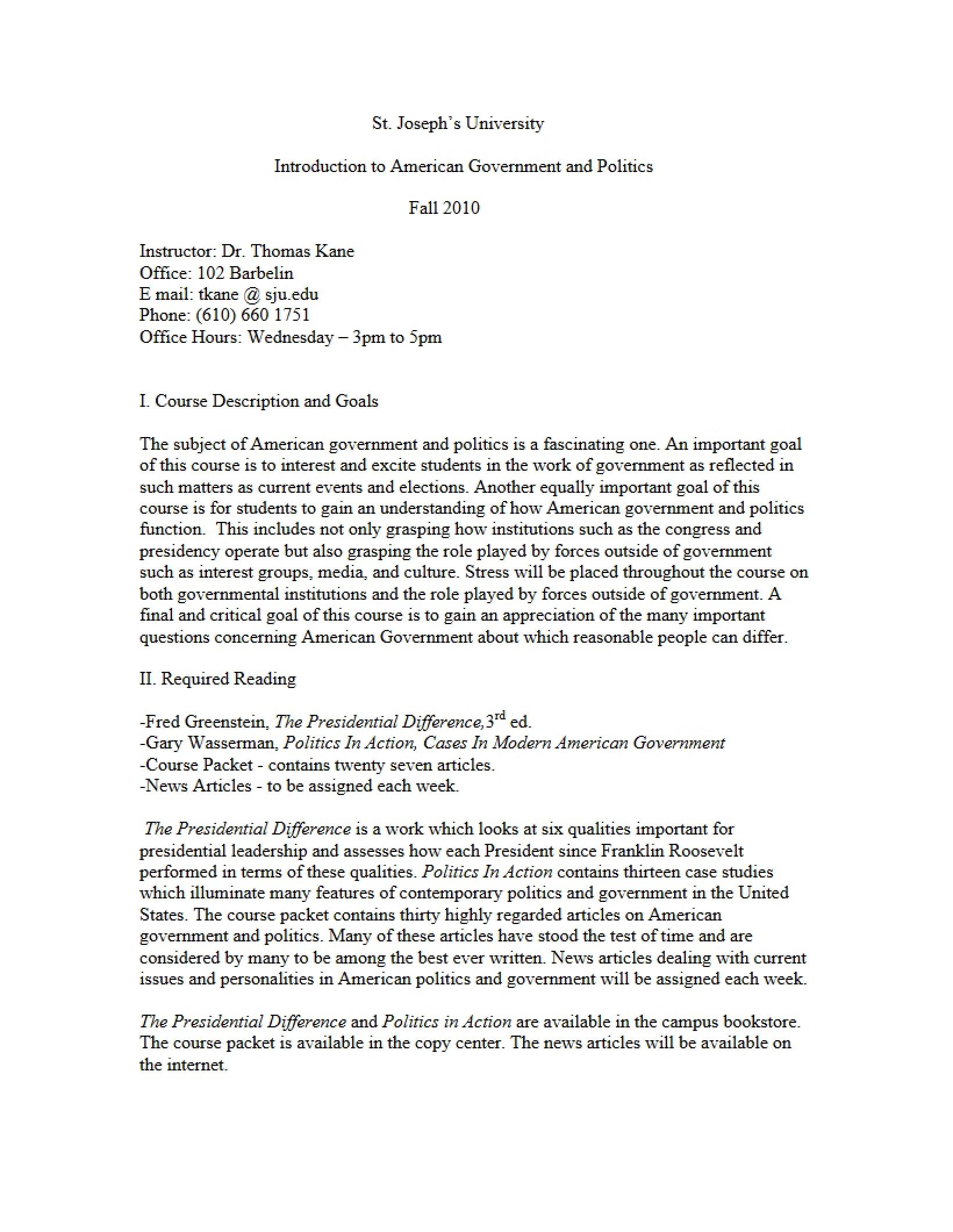Syllabus for American Government