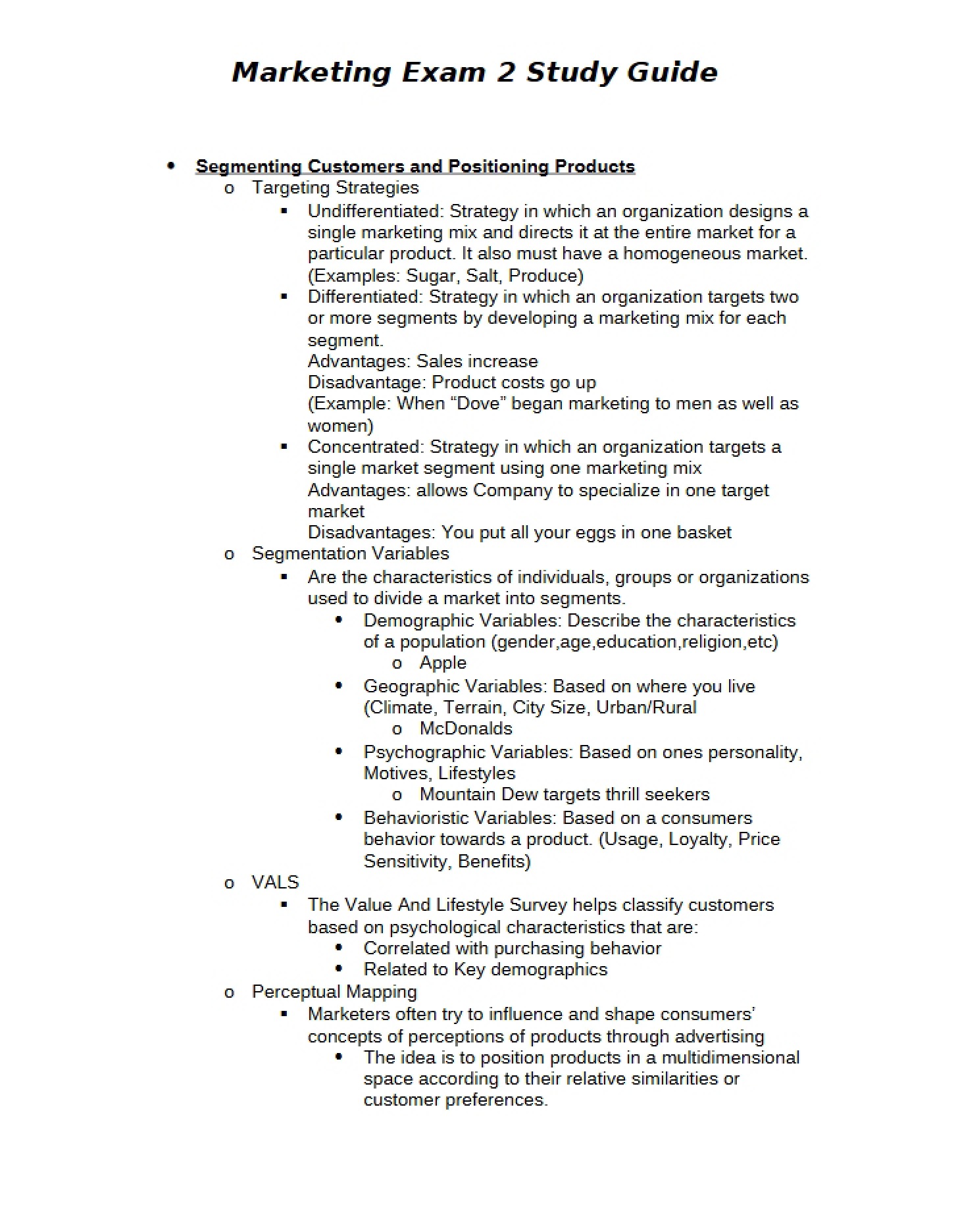 Study Guide for Marketing Exam 2