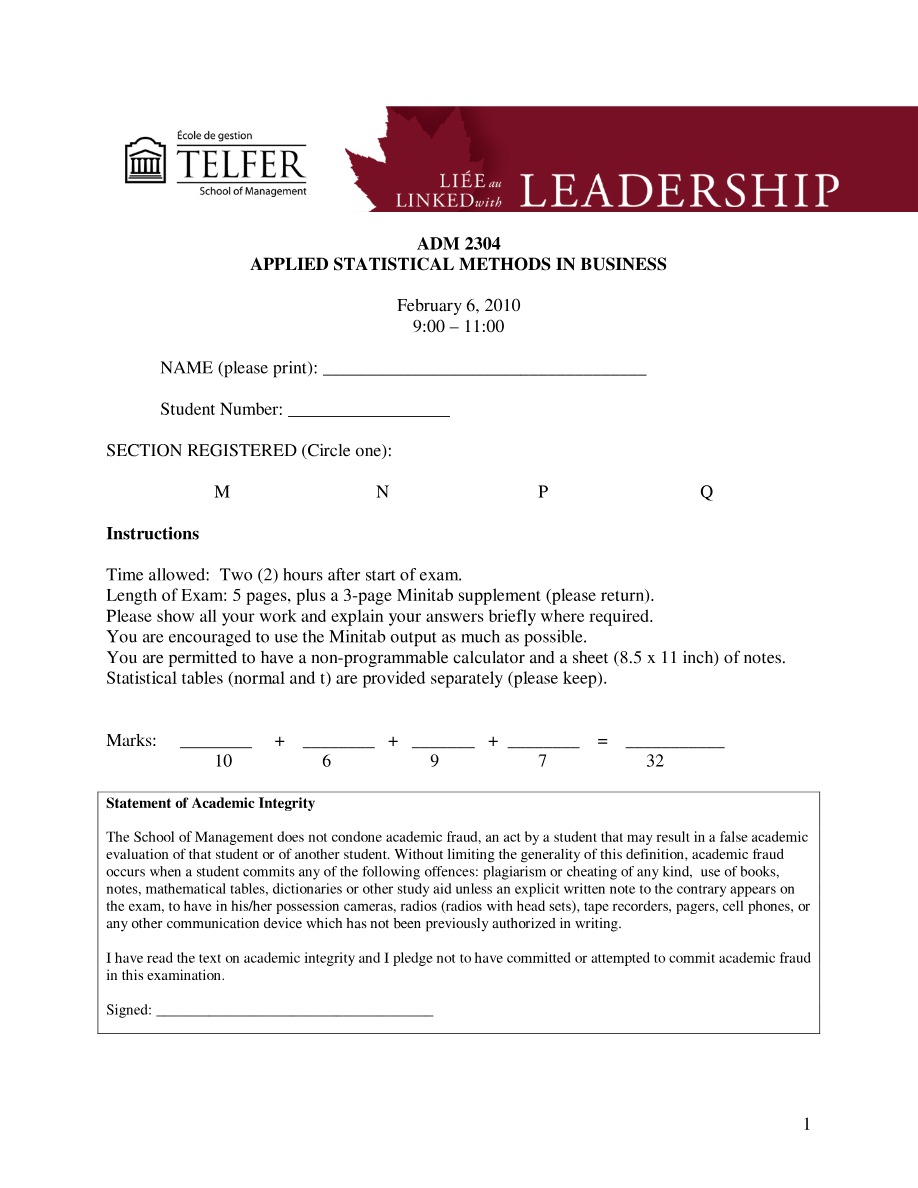 February 6 2010 Final Exam - ADM 2304 Applied Statistical Methods in Business