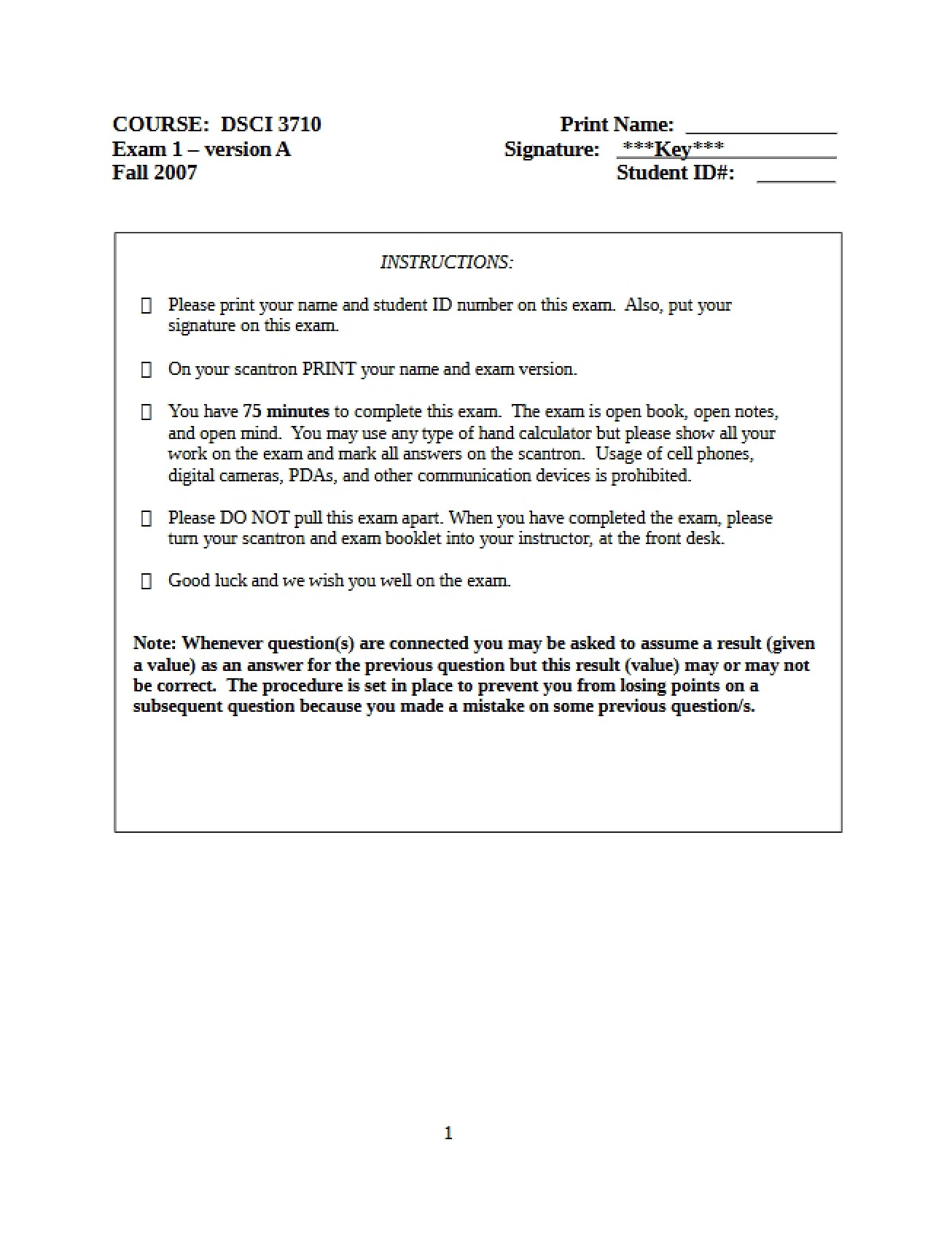 Solution for Fall 07 Exam 1A