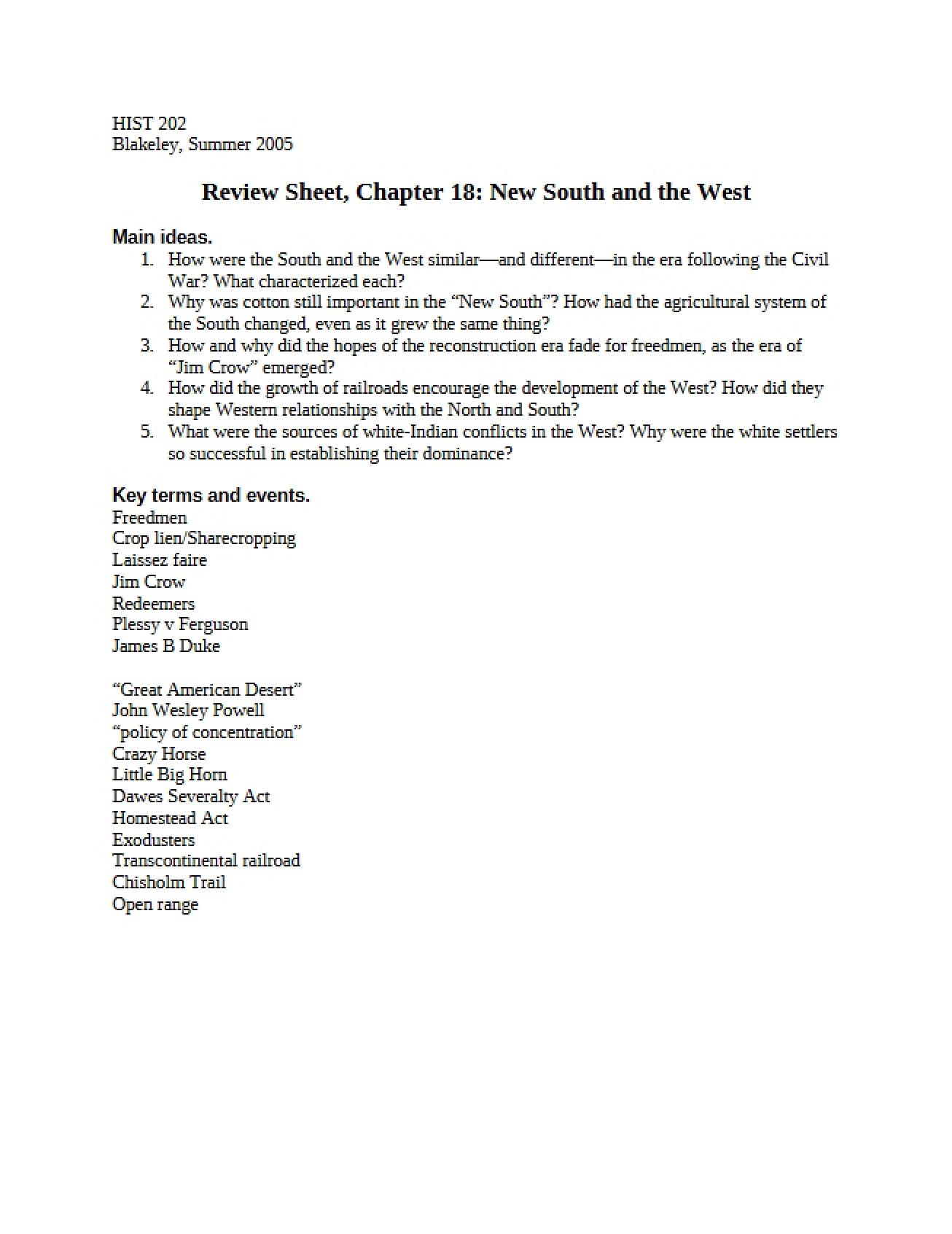 New South and West Review Sheet (Chapter 18)