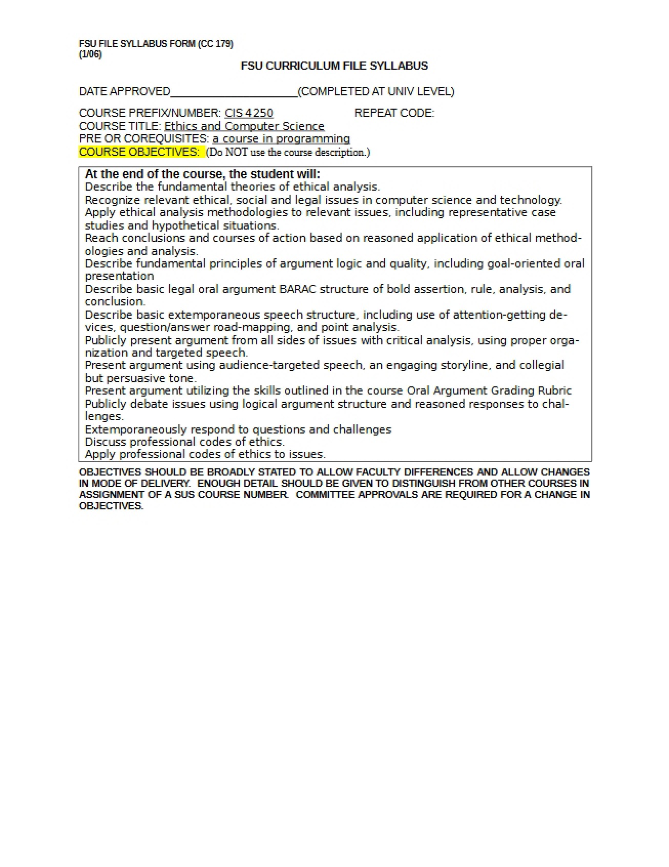 Course Syllabus for Computer Science Ethics