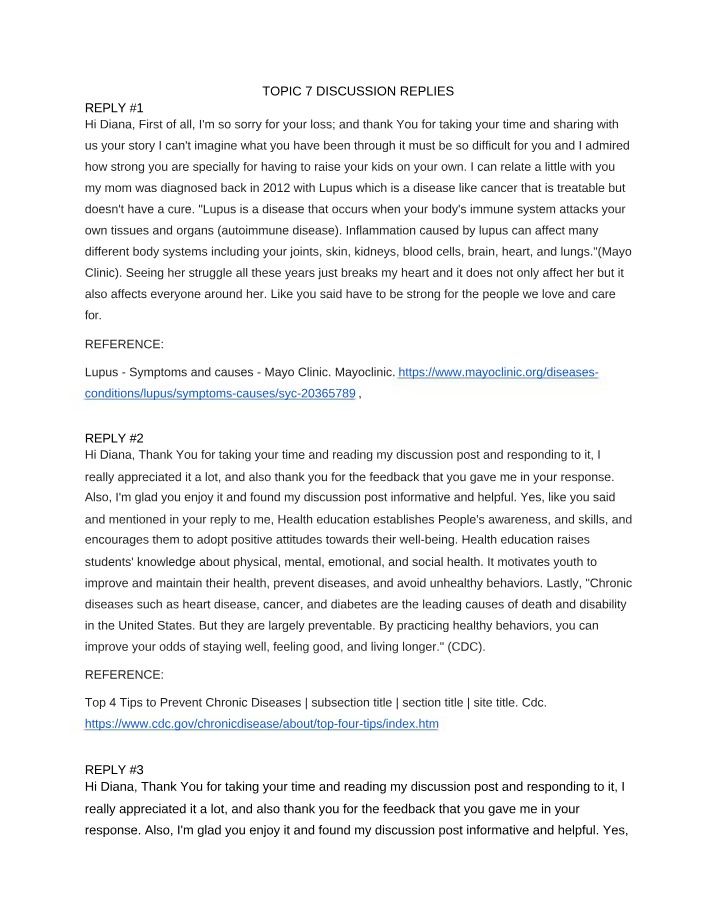 Chronic Diseases and Self-Care Discussion Replies