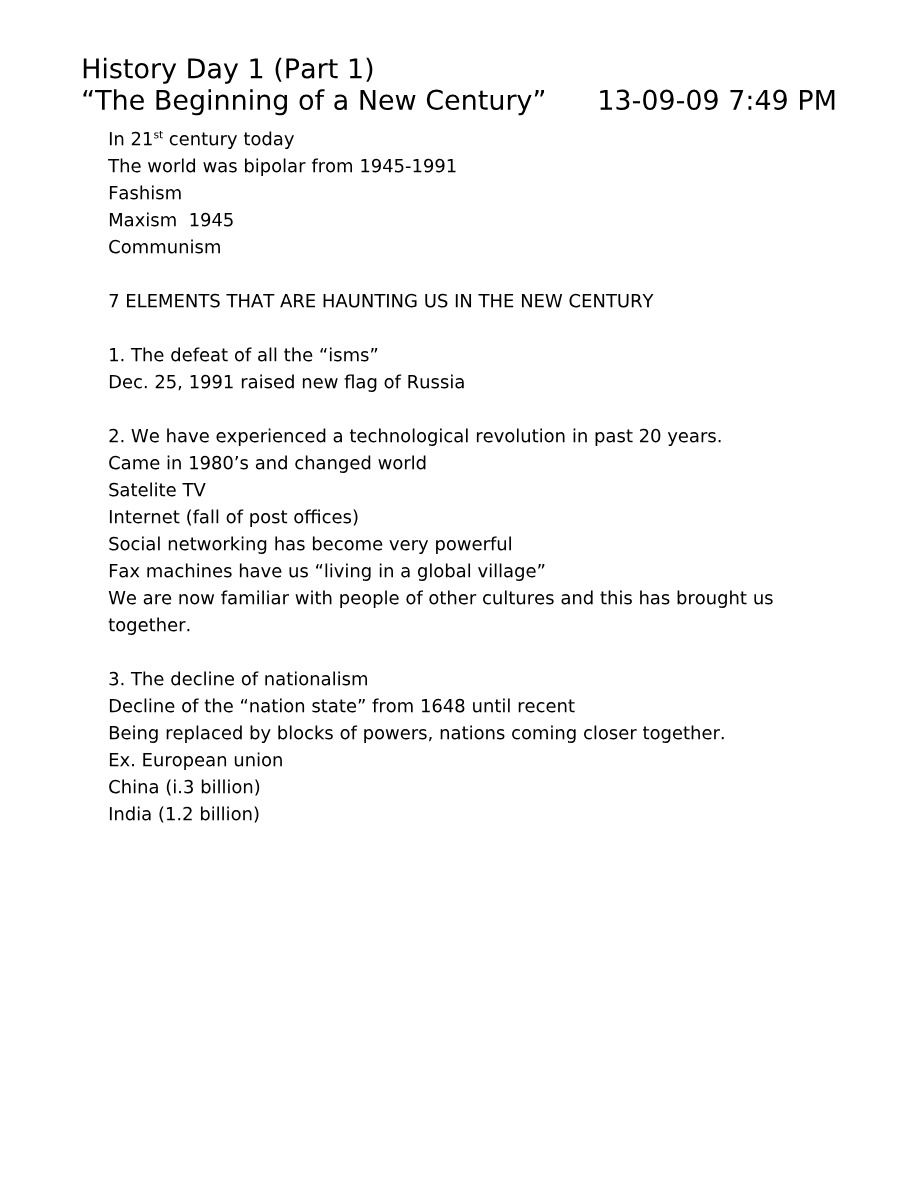 History Day 1 - The Beginning of a New Century