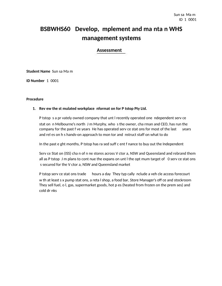 Assessment 3 - Develop, Implement and Maintain WHS Management Systems