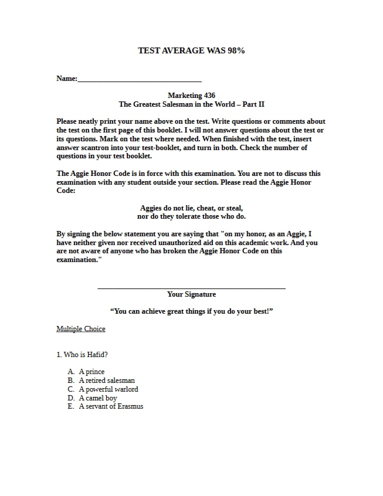 Greatest Salesman Part 2, Test B with Answers