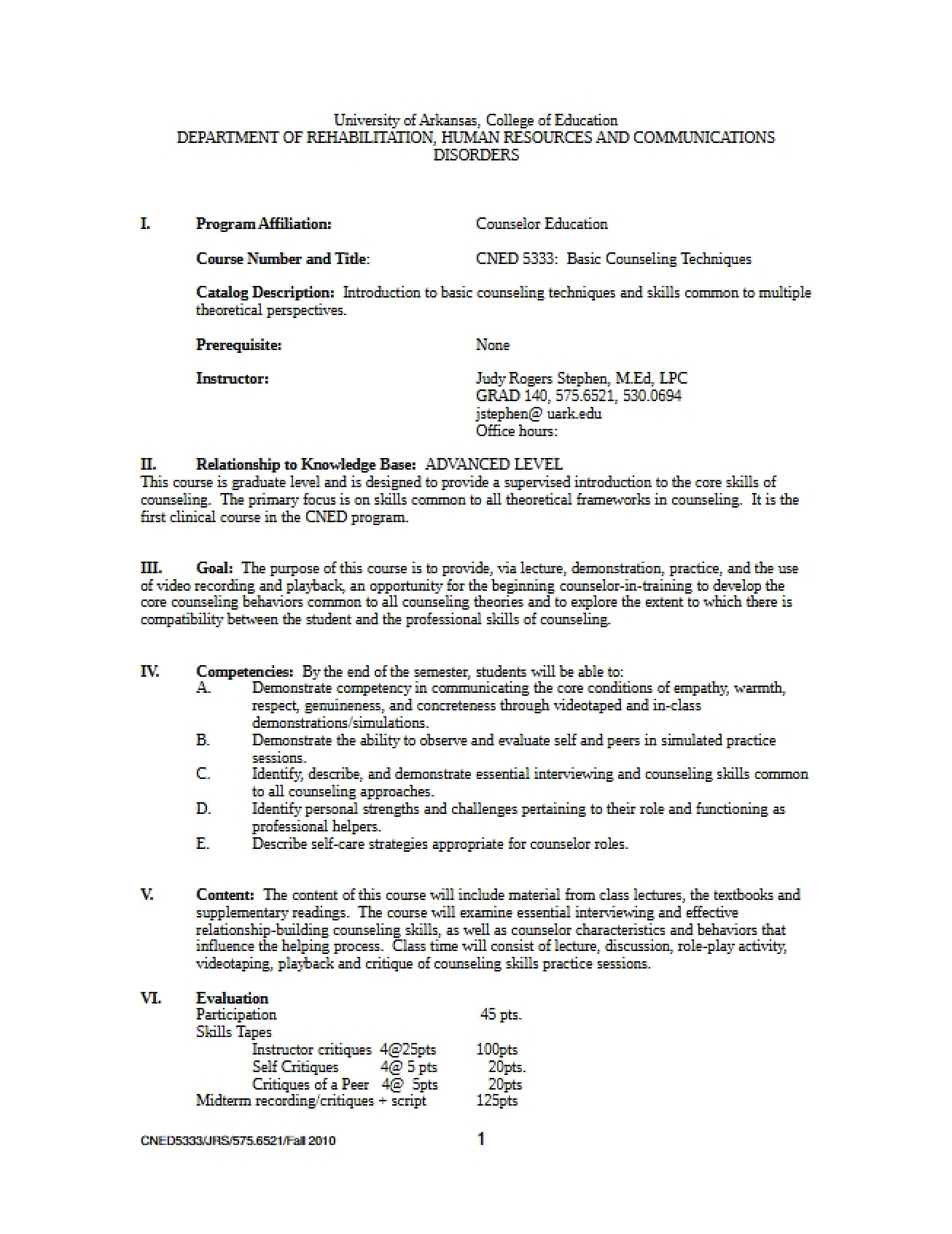 Syllabus for Basic Counseling Techniques