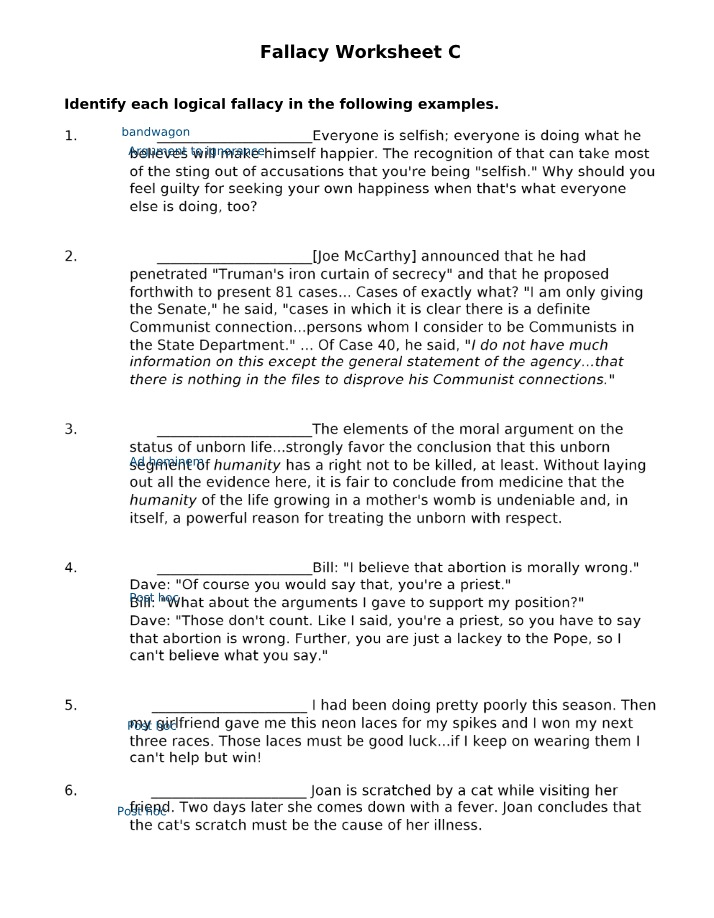 Worksheet C on Fallacies