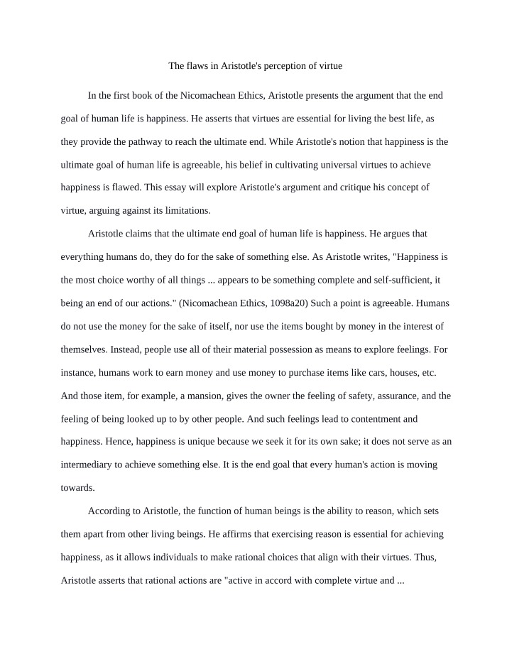 Aristotle's Perception of Virtue - Critiquing the Flaws