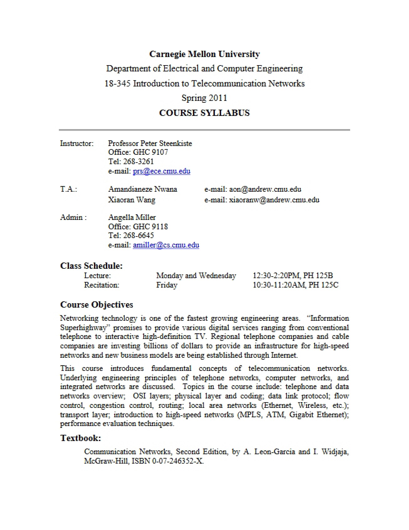 Telecommunication Networks Syllabus